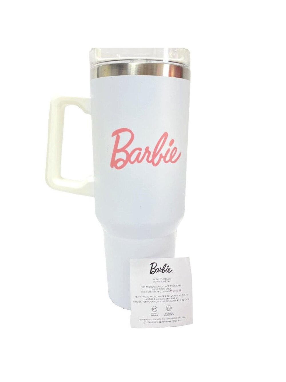 Barbie White 40oz Tumbler Cup Handle & Straw Lid Hot Cold Metal Water Bottle New